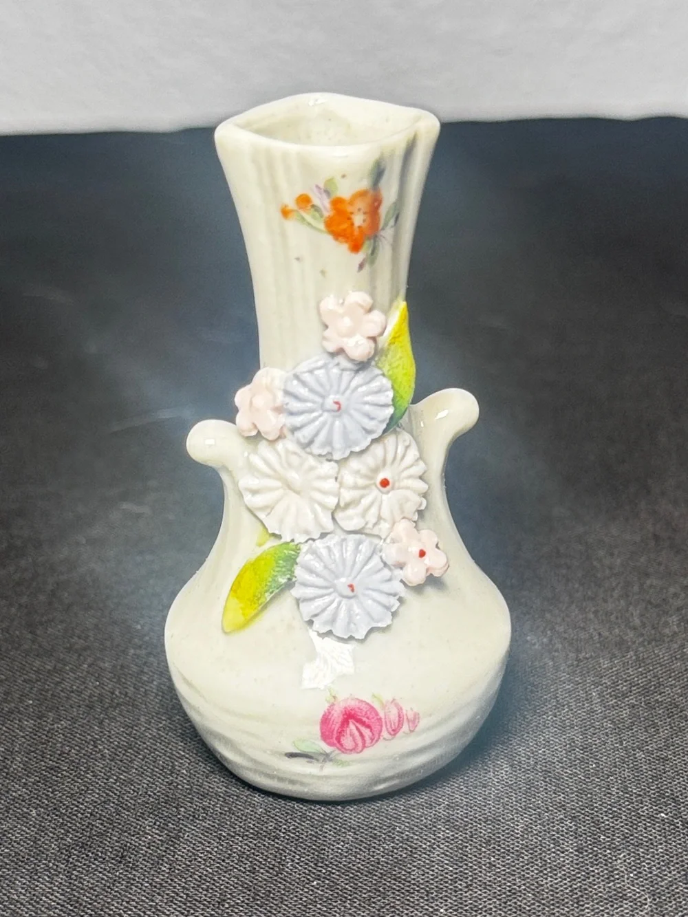 Vintage German Miniature Porcelain Bud Vases Set of 5 Applied 3D Floral Accents